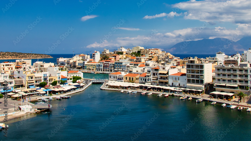View of the bay of Agios Nikolaos with the famous port and buildings