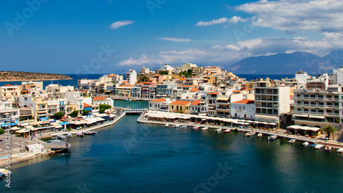 View of the bay of Agios Nikolaos with the famous port and buildings