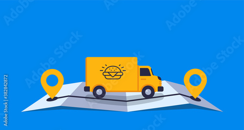 Concept online delivery using big van with food goes on online gps map vector illustration