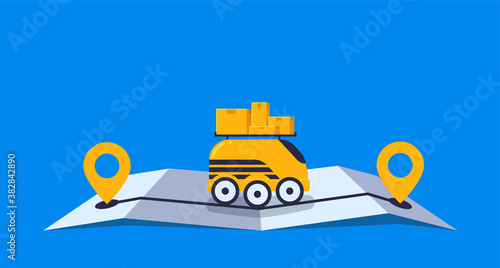 Concept online delivery using robot drone with packages, goes on online gps map vector illustration