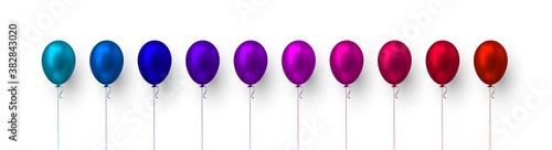 Realistic 3d glossy balloons in blue, purple and red colors. Vector elements for holiday backgrounds or birthday party. Isolated on white.