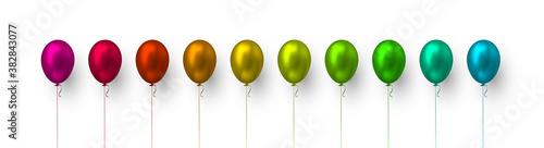 Realistic 3d glossy balloons in blue, green, yellow and red colors. Vector elements for holiday backgrounds or birthday party. Isolated on white.