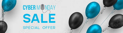 Cyber monday sale poster or banner for seasonal discounts. Realistic blue and black glossy balloons on code background. Sale concept. Vector illustration.