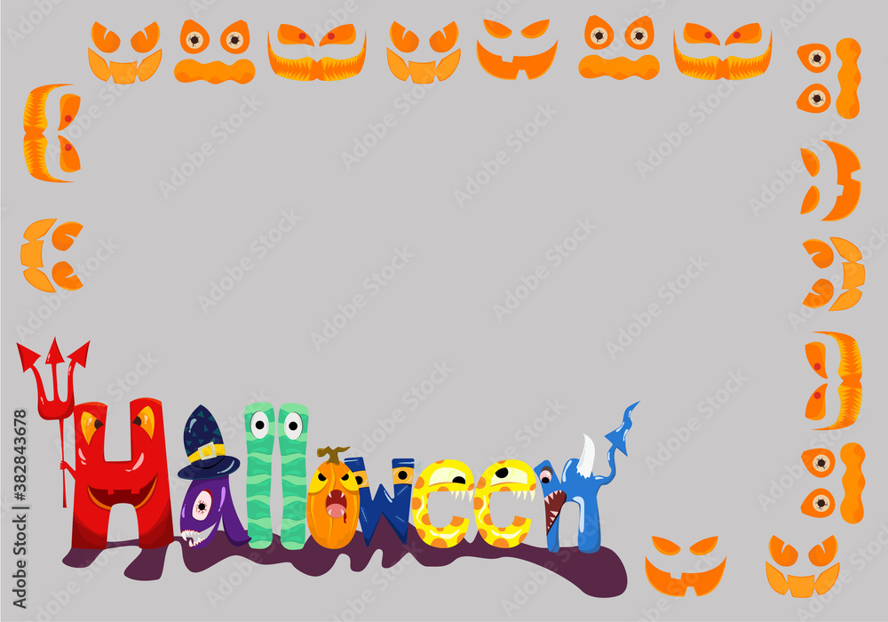 Fototapeta premium Halloween lettering cartoon ghost vector, halloween greeting card illustration or cute cartoon background with ghost face frame, on gray background.