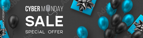 Cyber monday sale poster or banner for seasonal discounts. Gift box with realistic bow and glossy blue and black balloons on code background. Sale concept. Vector illustration.