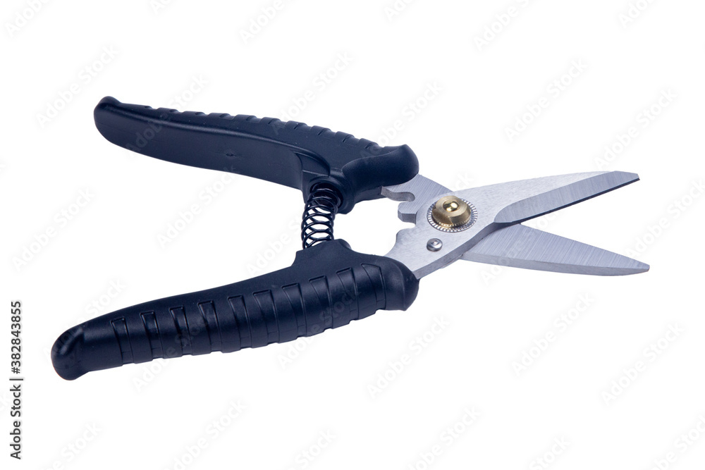 shears for cutting sheet metal with a black handle, isolated on a white background shears for cutting sheet metal with a black handle, isolated on a white background
