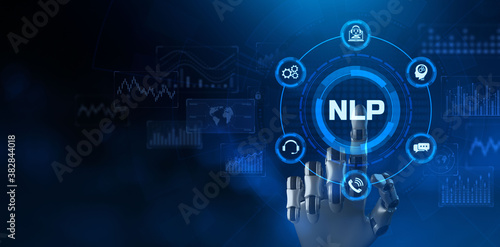 NLP Natural language processing AI Artificial intelligence. Technology concept. Robot pressing button. photo