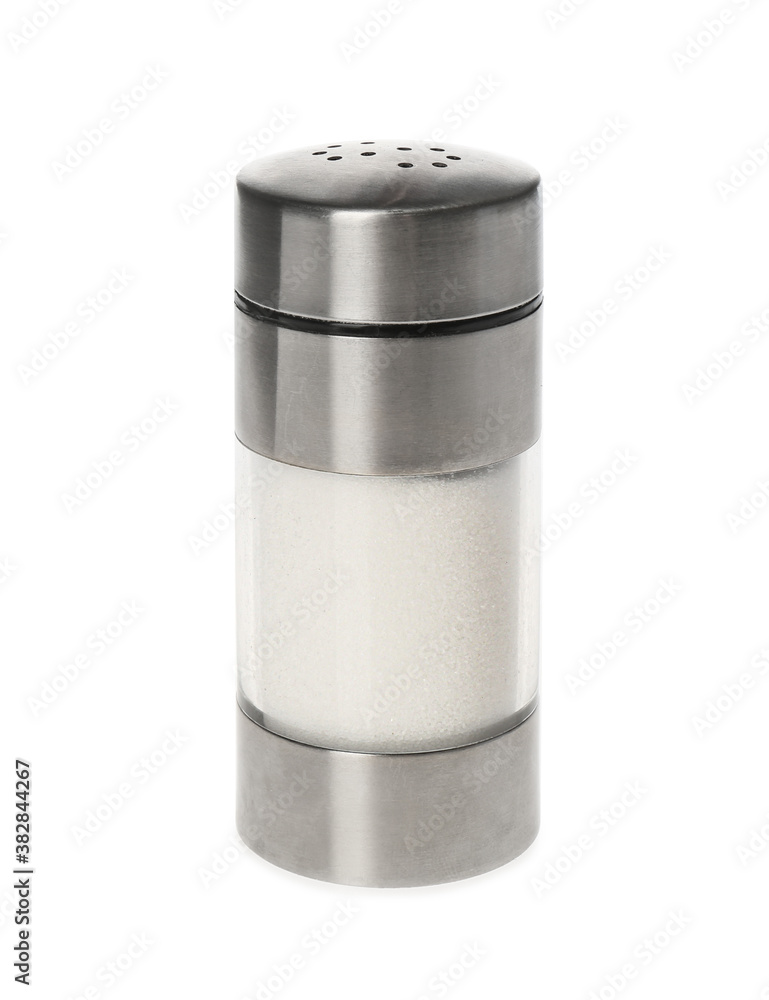 Shaker with natural salt isolated on white Shaker with natural salt isolated on white