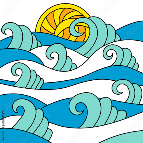 Sea, waves and sun. Hand drawn illustration. Coloring book for children