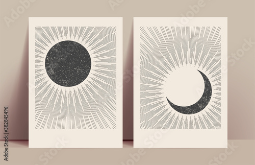 Fototapeta Minimalistic abstract sun and moon mystic posters design template with black sun and moon silhouettes with sunburst
