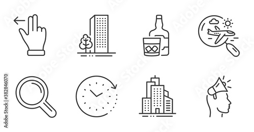 Search flight, Whiskey glass and Time change line icons set. Buildings, Touchscreen gesture and Skyscraper buildings signs. Brand ambassador, Research symbols. Quality line icons. Vector