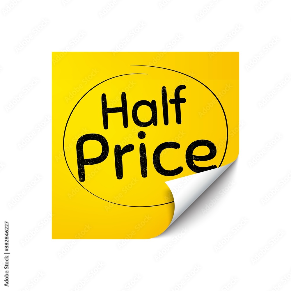Half Price. Sticker note with offer message. Special offer Sale sign. Advertising Discounts symbol. Yellow sticker banner. Half price badge shape. Post note. Adhesive offer paper sheet. Vector Half Price. Sticker note with offer message. Special offer Sale sign. Advertising Discounts symbol. Yellow sticker banner. Half price badge shape. Post note. Adhesive offer paper sheet. Vector