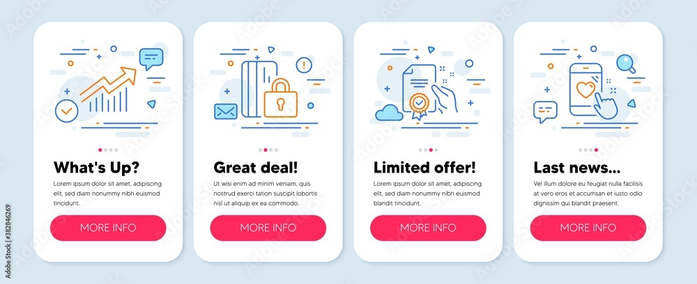 Set of Technology icons, such as Certificate, Blocked card, Demand curve symbols. Mobile app mockup banners. Heart rating line icons. Certified guarantee, Private money, Statistical report. Vector