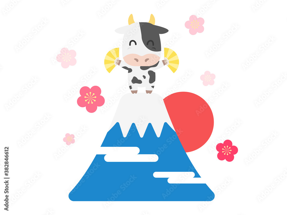富士山の頂上で踊る牛のキャラクターのイラスト Stock Vector Adobe Stock