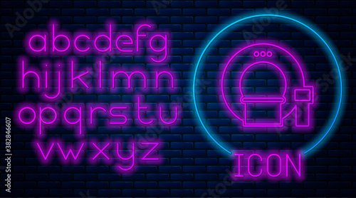 Glowing neon Tomography icon isolated on brick wall background. Medical scanner, radiation. Diagnosis, radiology, magnetic resonance therapy. Neon light alphabet. Vector Illustration.