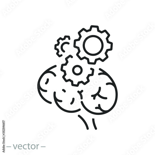 brain with gear icon, creative think, concept correct brain function, mind health, thin line web symbol on white background - editable stroke vector illustration eps10