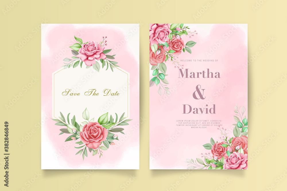 Elegant watercolor wedding invitation card with flower and leaves