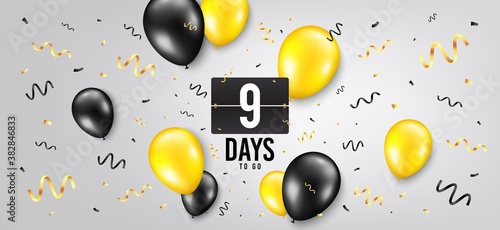 Nine days left icon. Countdown scoreboard timer. Balloon confetti background. 9 days to go sign. Days to go birthday balloon. Celebrate countdown banner. Counter background. Vector
