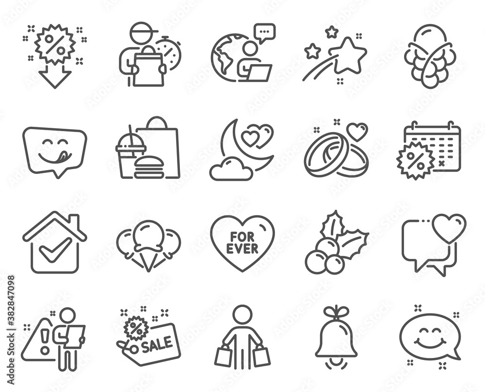 Holidays icons set. Included icon as For ever, Buyer, Smile chat signs. Calendar discounts, Ice cream, Marriage rings symbols. Ice creams, Bell, Heart. Sale, Christmas holly, Yummy smile. Vector Holidays icons set. Included icon as For ever, Buyer, Smile chat signs. Calendar discounts, Ice cream, Marriage rings symbols. Ice creams, Bell, Heart. Sale, Christmas holly, Yummy smile. Vector