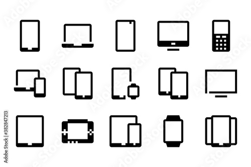 Electronic device related vector icon set. Gadget, Mobile phone, Tablet, Laptop and Computer outline icons.