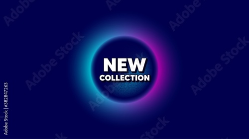 New collection. Abstract neon background with dotwork shape. New fashion arrival sign. Advertising offer symbol. Offer neon banner. New collection badge. Space background with abstract planet. Vector