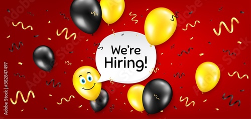 We're hiring symbol. Balloon confetti vector background. Recruitment agency sign. Hire employees symbol. Birthday balloon background. Hiring message. Celebrate red banner. Vector