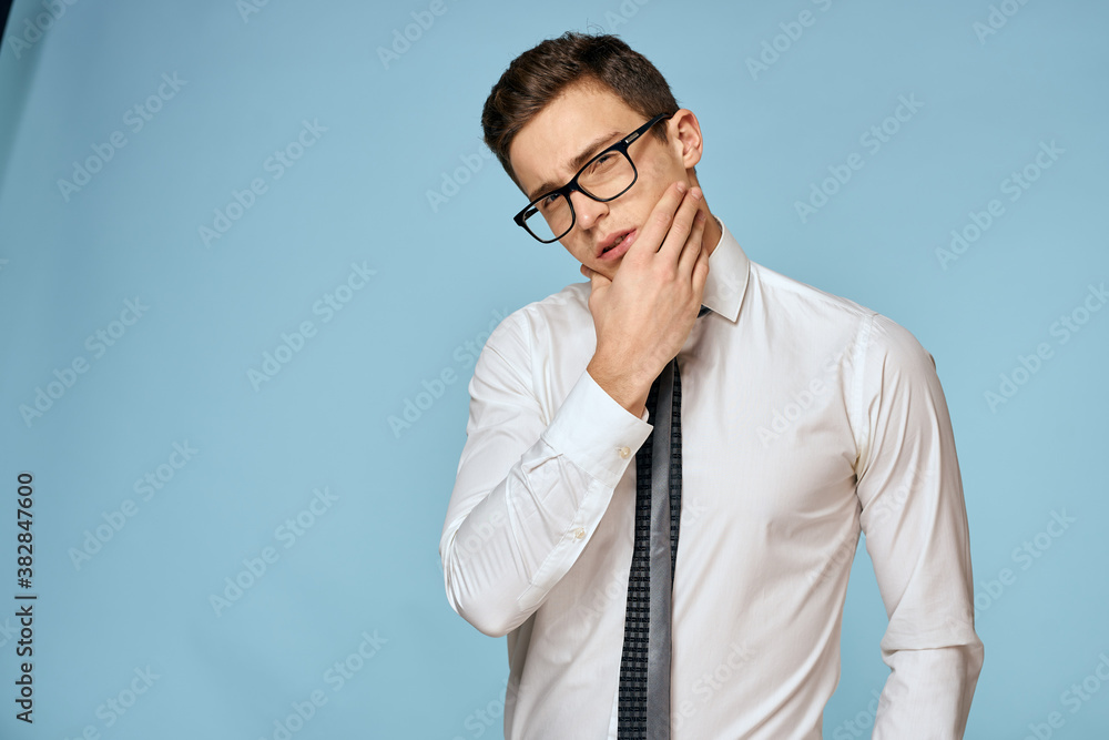 Business man white shirt tie glasses self-confidence official blue background Business man white shirt tie glasses self-confidence official blue background