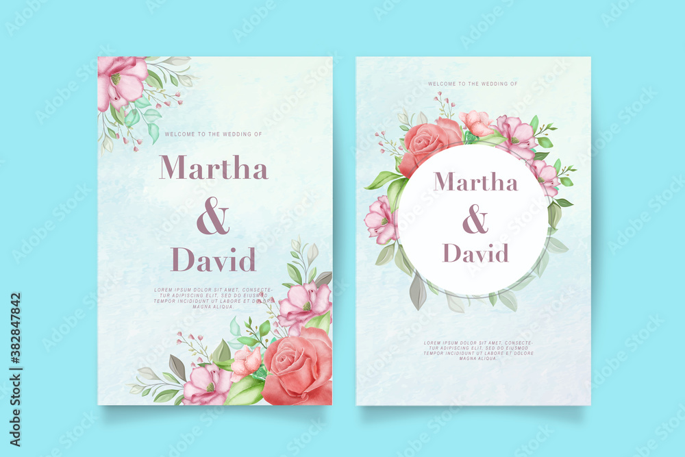 Obraz premium Elegant watercolor wedding invitation card with flower and leaves