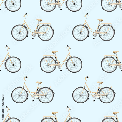 Pattern of classic city bicycle, ecological sport transport on blue background. 