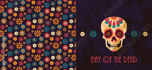Dia de Los Muertos. vector poster with a skull surrounded by colorful flowers isolated on a dark background for the day of the dead.