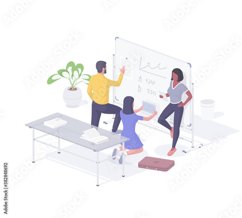 People in office looking for business solution isometric illustration. Male and female characters read reports and calculations.