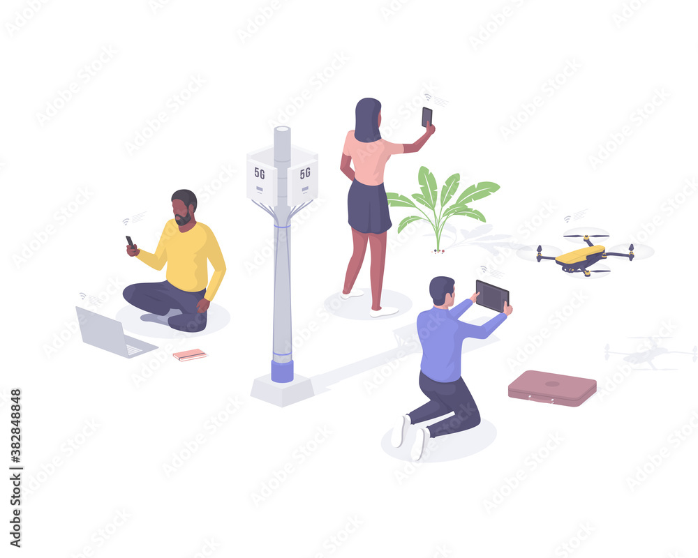 People enjoy new communication 5g isometric vector. Male characters with laptop and tablet testing new digital connection.