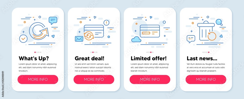 Set of Technology icons, such as Credit card, Change card, Reload symbols. Mobile app mockup banners. Recovery trash line icons. Payment method, Update, Backup file. Credit card icons. Vector
