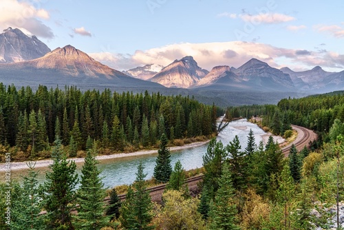 View of mountains in Lake Louise at Morant’s Curve in Alberta, Canada