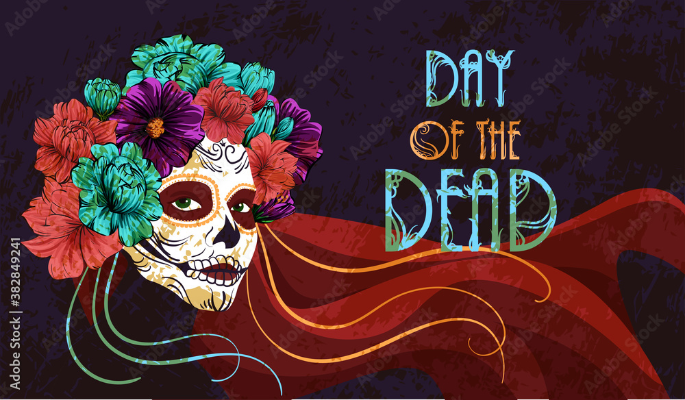 Dia de Los Muertos. vector poster for the Day of the dead. image of a woman with sugar skull makeup with flowers on her head
