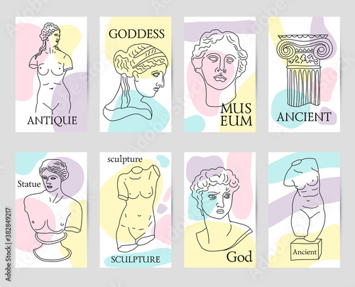 Ancient Greece and Rome set of 8 cards tradition and culture vector seamless pattern. The linear trend of the ancient, Ancient Greece and Ancient Rome.