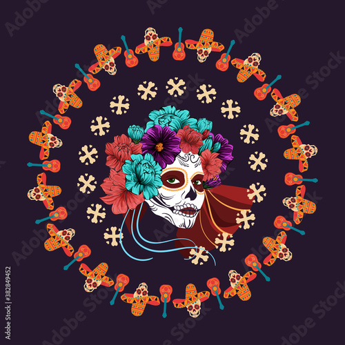 Dia de Los Muertos. vector poster for the Day of the dead. image of a woman with sugar skull makeup with flowers on her head surrounded by bones and skulls
