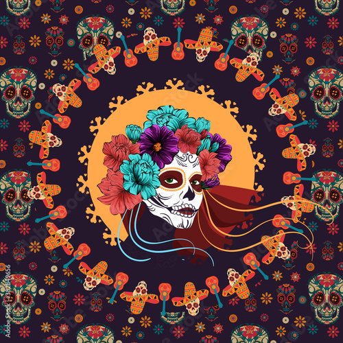 Dia de Los Muertos. vector poster for the Day of the dead. image of a woman with sugar skull makeup, surrounded by bones and flowers
