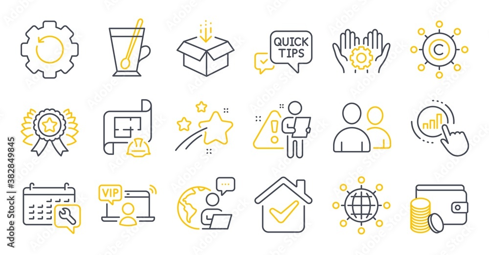 Set of Business icons, such as Graph chart, Quick tips, Employee hand symbols. Tea mug, Users, Recovery gear signs. Engineering plan, Winner ribbon, Payment method. Spanner, Get box. Vector Set of Business icons, such as Graph chart, Quick tips, Employee hand symbols. Tea mug, Users, Recovery gear signs. Engineering plan, Winner ribbon, Payment method. Spanner, Get box. Vector