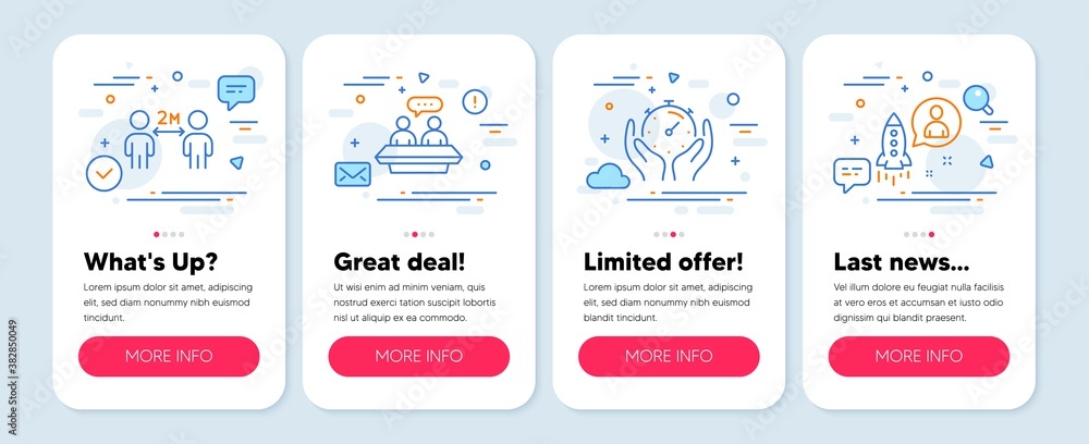 Set of People icons, such as Employees talk, Social distancing, Timer symbols. Mobile screen banners. Startup line icons. Collaboration, Quarantine, Deadline management. Developer. Vector Set of People icons, such as Employees talk, Social distancing, Timer symbols. Mobile screen banners. Startup line icons. Collaboration, Quarantine, Deadline management. Developer. Vector