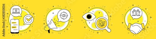 Medical help, Leaves and Eye target line icons set. Cell phone, megaphone and deal vector icons. Hand sanitizer sign. Medicine laptop, Grow plant, Optometry. Hygiene care. Healthcare set. Vector