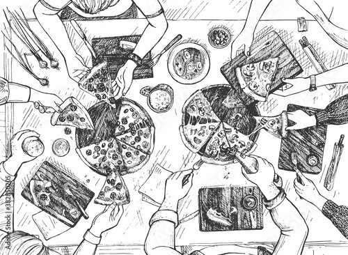 friends sharing restaurant pizza
