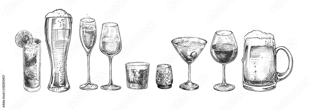 types of alcohol drinks glasses - obrazy, fototapety, plakaty 