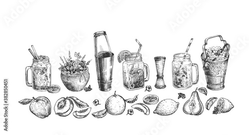 cocktails mixers and fruits set