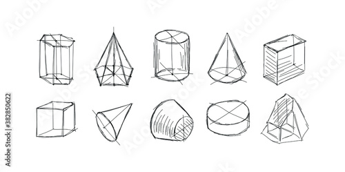 Hand-drawn vector sphere, cube and other geometric shapes in three-dimensional space with shadows diagram