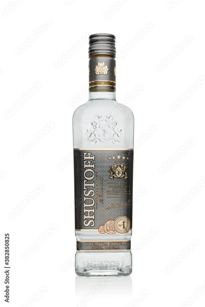 Bottle of Shustoff premium silver vodka isolated on white background. foto  de Stock | Adobe Stock