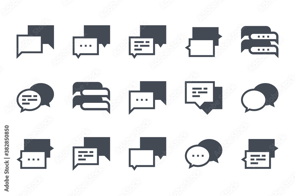 Chat and Message glyph icon set. Comment and Communication filled icons. Dialog and Speech balloon solid vector sign collection.