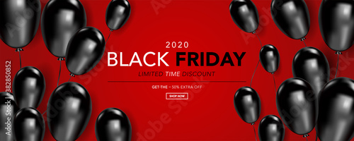 Vector illustration black friday sale banner template with shiny black balloons in red background. banner promotion.