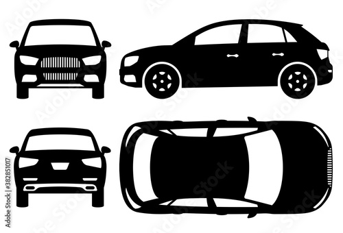 SUV car silhouette on white background. Vehicle icons set view from side, front, back, and top