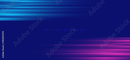Abstract blue and pink neon color light effect horizontal background.